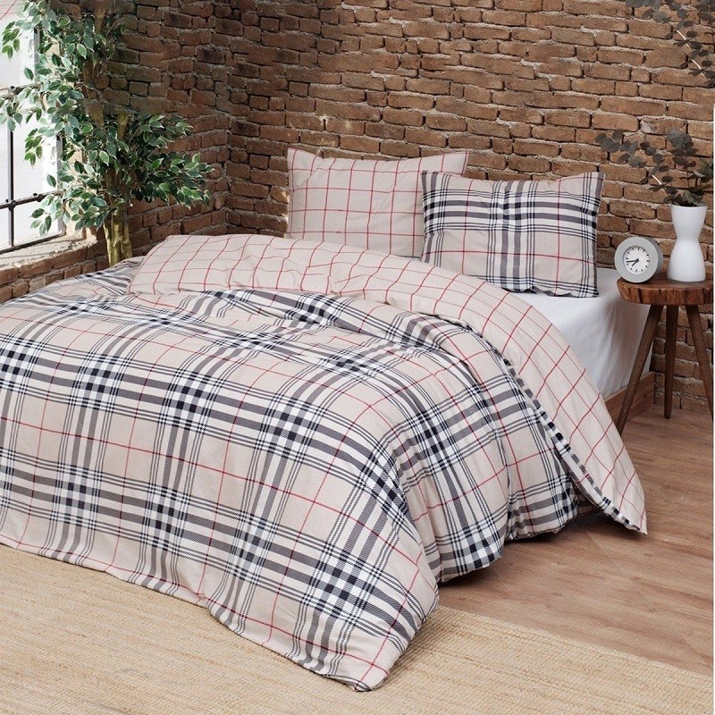 Set Copripiumino Matrimoniale King 3 Pezzi Stag, Tartan Cervo, Colore Ecru/Marrone
